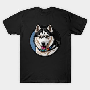 Rainbow Collar Husky Embroidered Patch T-Shirt